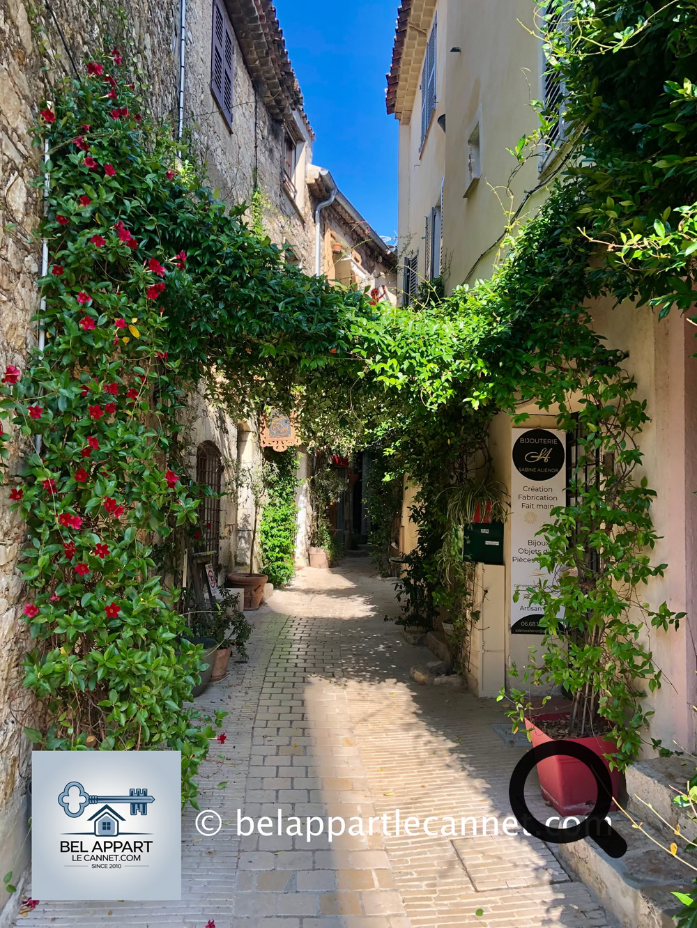 Les ruelles étroites et sinueuses sont bordées de maisons en pierre recouvertes de lierre, de galeries d’art, de boutiques artisanales et de restaurants gastronomiques. Mougins est d'ailleurs réputé pour sa scène culinaire, ayant été un lieu de prédilection de grands chefs comme Roger Vergé. Cela a été un lieu adoré par les célèbres peintres comme Pablo Picasso ou Roger Muhl qui y résidèrent plusieurs années.