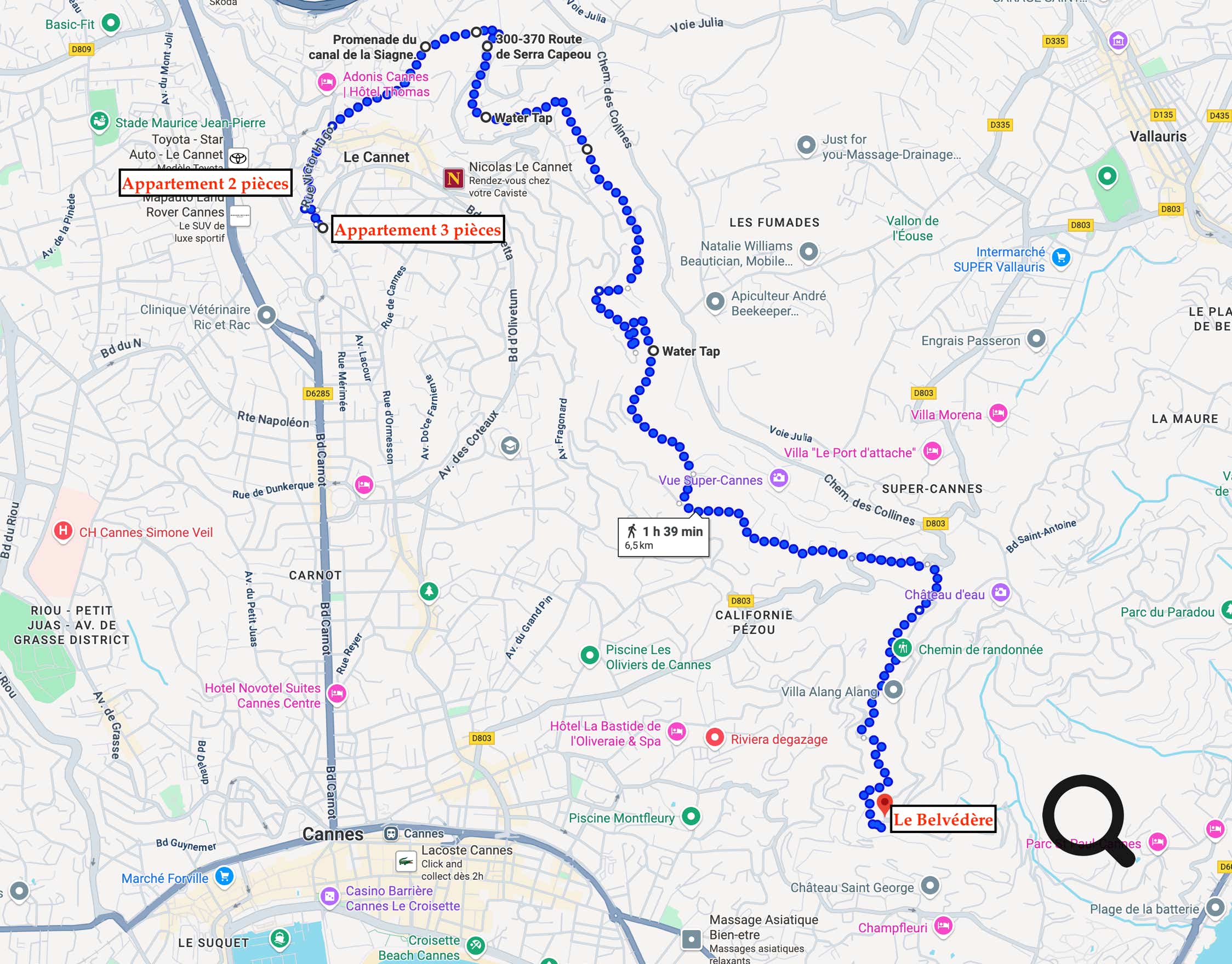 La balade du canal de la Siagne, sur les hauteurs du Cannet jusqu’à Cannes, est un parcours d’environ 1h30 à 2h, long de 3 à 7 km selon l’itinéraire choisi et accessible toute l’année.  Vous partez du vieux Cannet (rue des Prés, rue Saint‑Sauveur), grimpez via des escaliers et le chemin rural pour atteindre le sentier du canal, aujourd’hui couvert, mais bordé de végétation méditerranéenne comme eucalyptus, mimosas et chênes‑lièges. 
