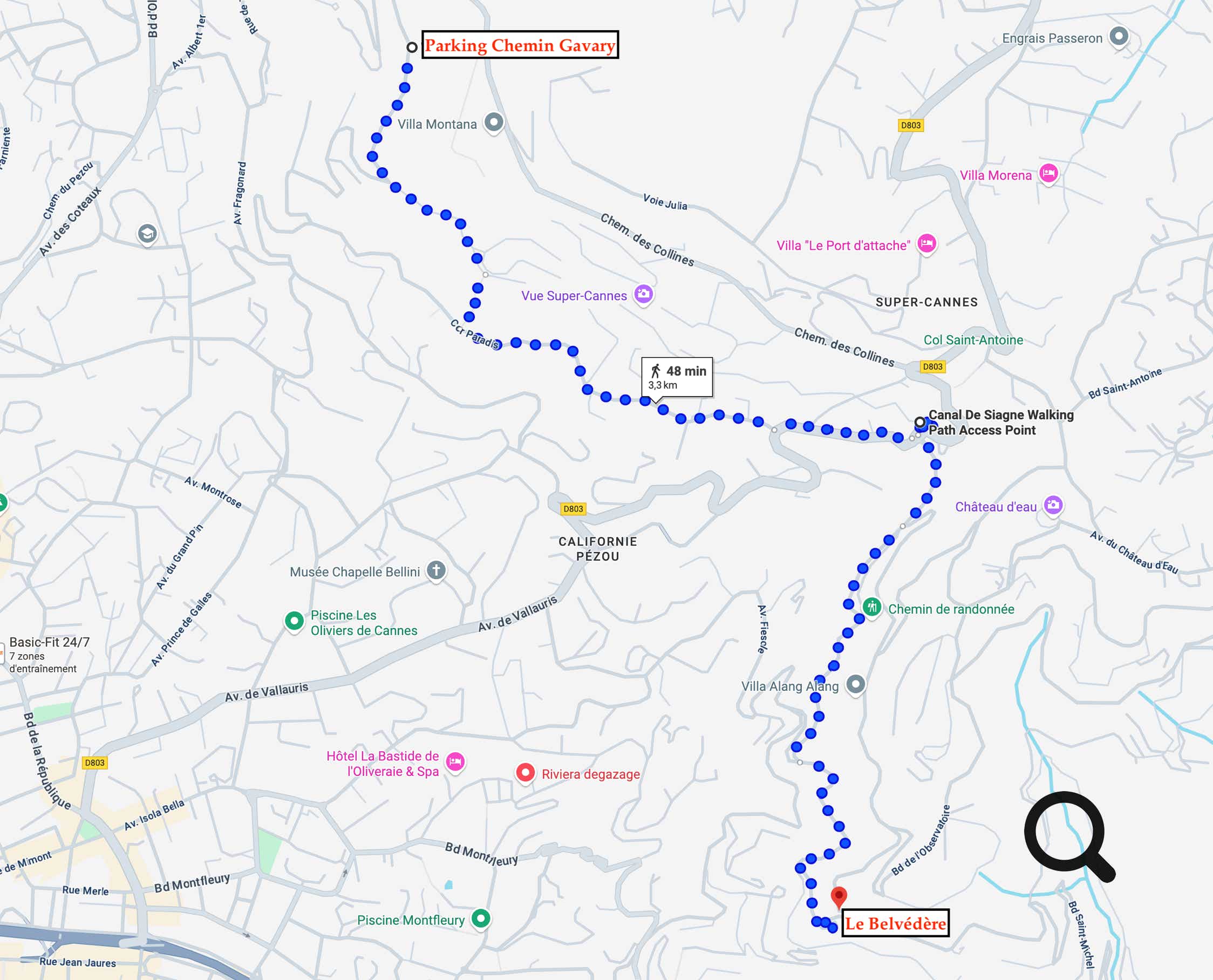 La balade du canal de la Siagne, sur les hauteurs du Cannet jusqu’à Cannes, est un parcours d’environ 1h30 à 2h, long de 3 à 7 km selon l’itinéraire choisi et accessible toute l’année.  Vous partez du vieux Cannet (rue des Prés, rue Saint‑Sauveur), grimpez via des escaliers et le chemin rural pour atteindre le sentier du canal, aujourd’hui couvert, mais bordé de végétation méditerranéenne comme eucalyptus, mimosas et chênes‑lièges. 